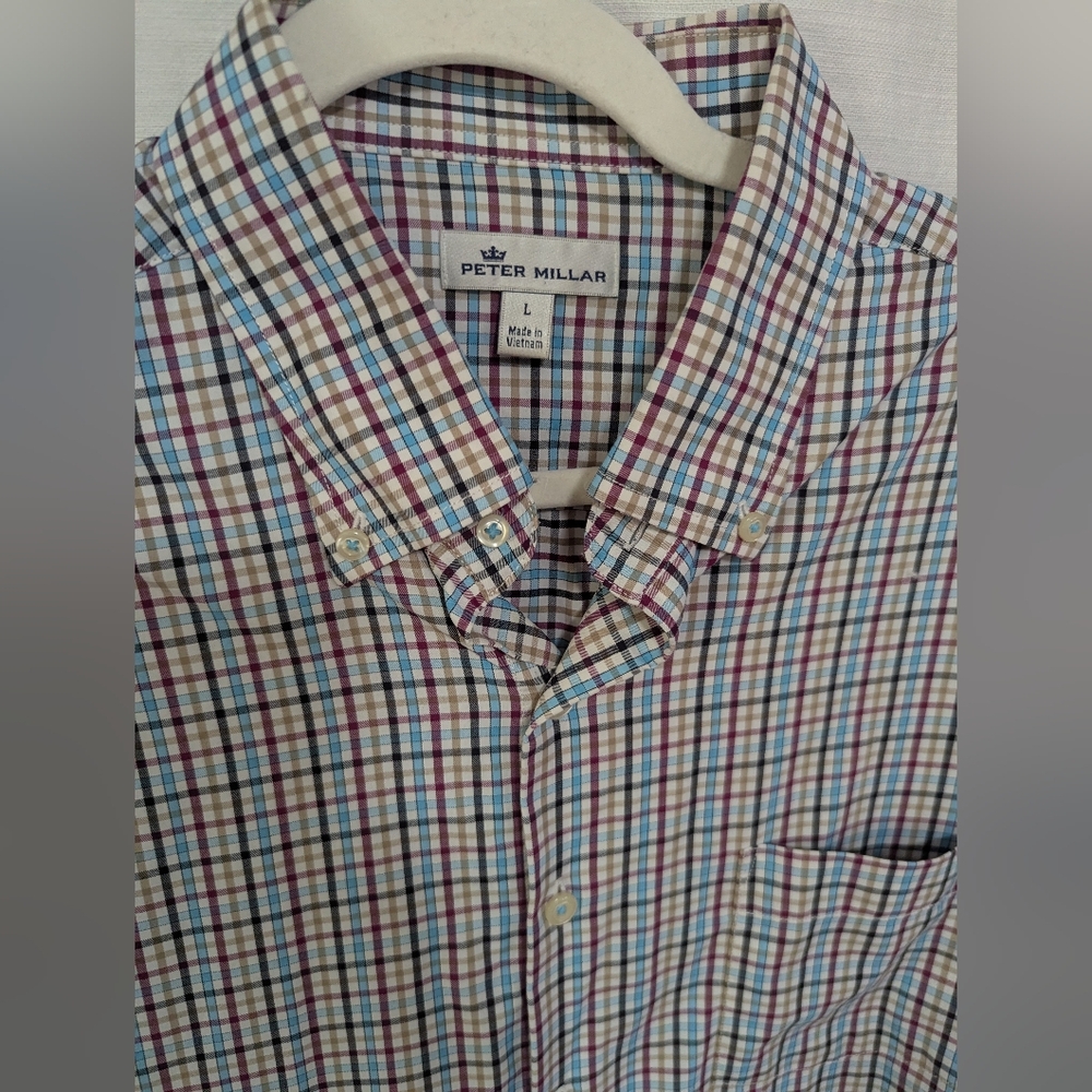 Peter Millar Lawson Performance Tattersall Plaid Soft Lightweight Button Down L